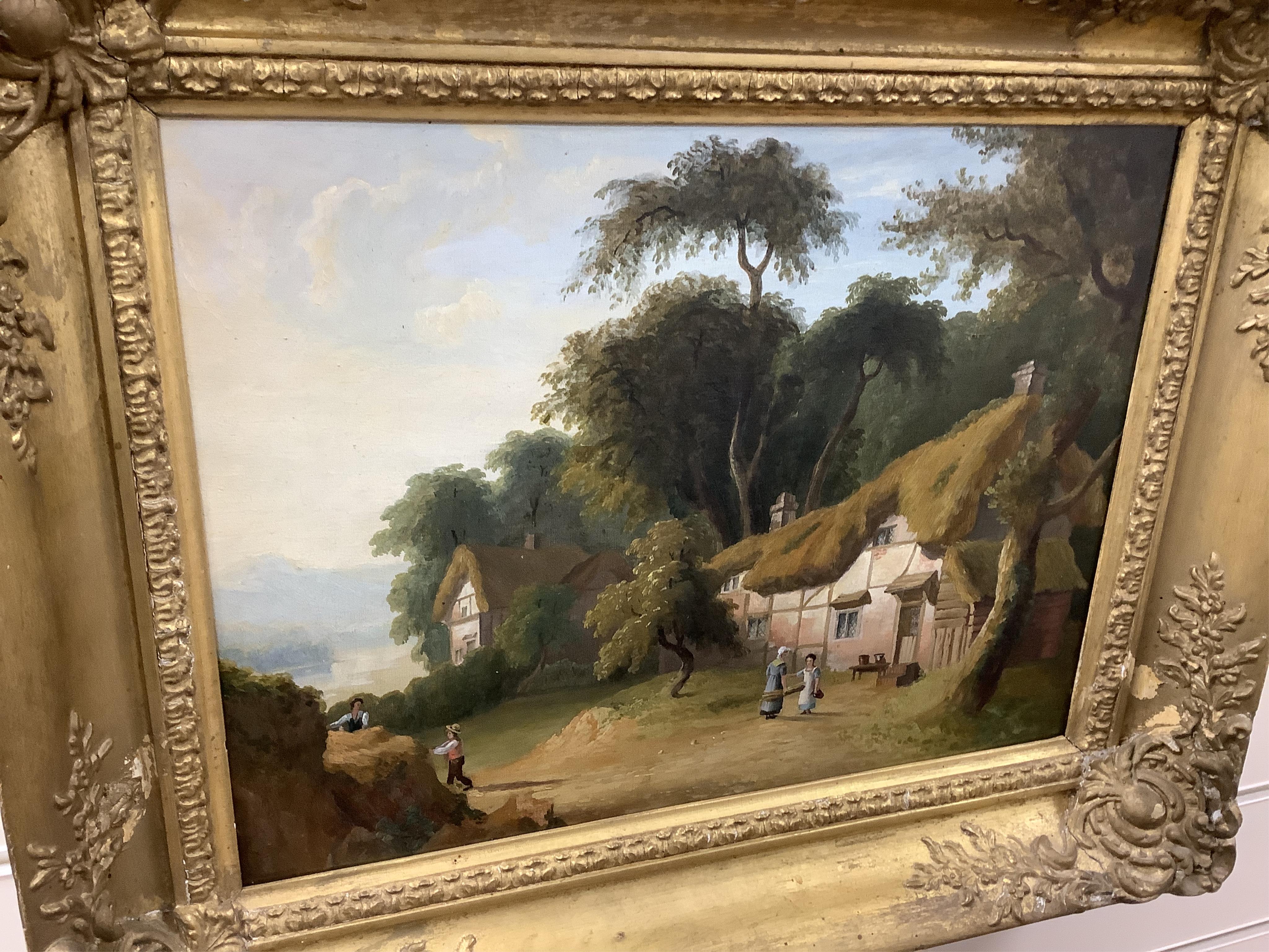 William Allport (1779-1831), Pastoral landscape with figures beside a half timbered cottage, titled 'North Wales', label verso, oil on canvas, 28 x 38cm, gilt frame